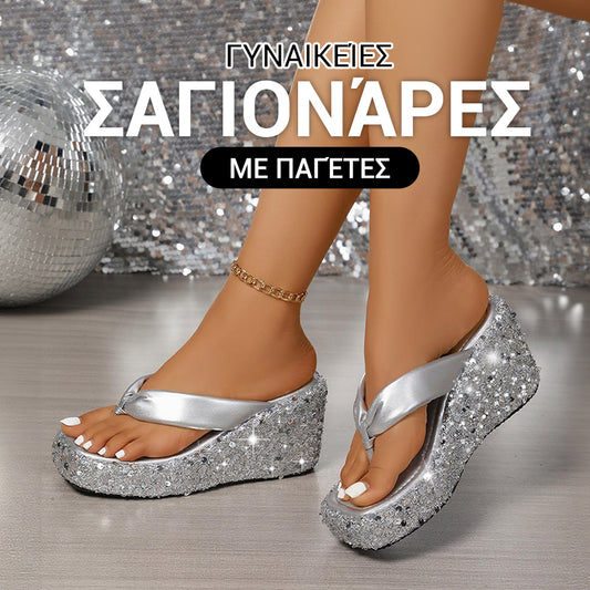 👠 Παχύς πυθμένας Sequin γυναικεία σαγιονάρες
