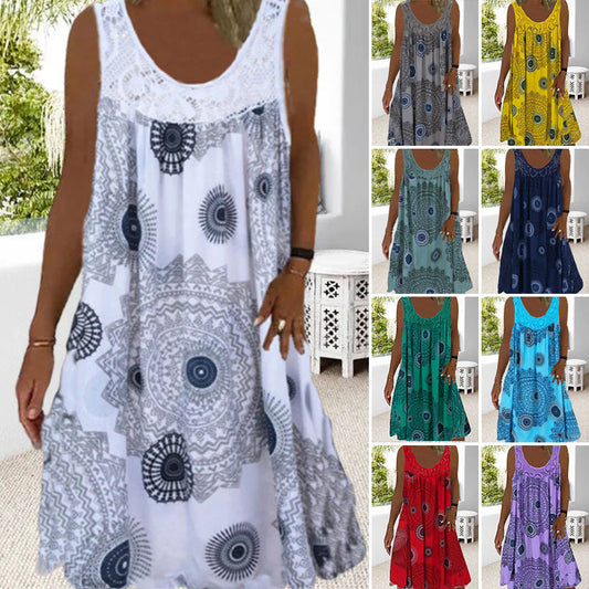 🎉 Εκπτώσεις - 49% OFF🎁Γυναίκες Καλοκαίρι O-Neck αμάνικο φόρεμα εκτύπωσης