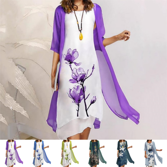 🌸Αναπνεύσιμο και άνετο βαμβάκι floral print γυναικεία φορέματα δύο τεμαχίων