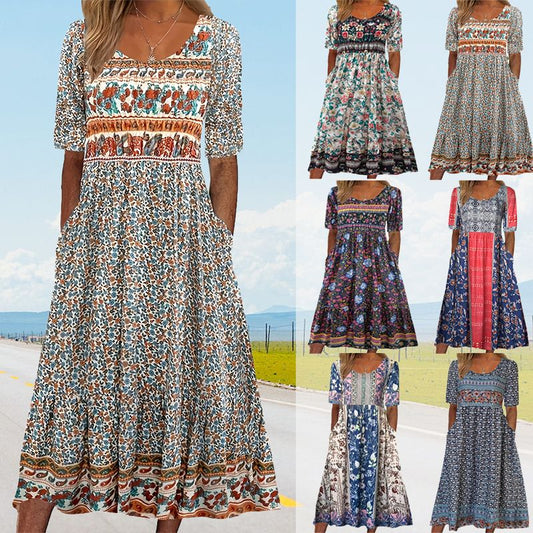 2025🌸 Γυναικείο κομψό φόρεμα με boho print