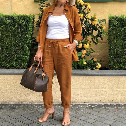 2025🧥+👖Γυναικείο σετ από βαμβακερό λινό μακρυμάνικο μπλουζάκι και παντελόνι