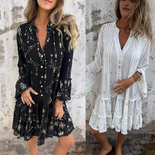 🔥🖤Πώληση Μαύρης Παρασκευής: 39% OFF🔥Γυναικεία γεωμετρική εκτύπωση άνετη V-λαιμός Midi-φόρεμα
