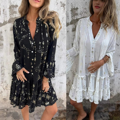 🔥🖤Πώληση Μαύρης Παρασκευής: 39% OFF🔥Γυναικεία γεωμετρική εκτύπωση άνετη V-λαιμός Midi-φόρεμα