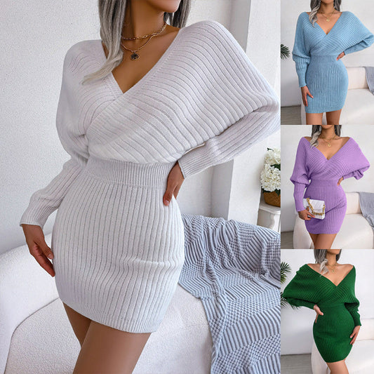 🎅49% OFF🎄Σέξι πλεκτό μίνι φόρεμα με μακριά μανίκια Batwing