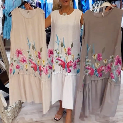 🌸Άνοιξη🌸 Γυναικείο χαλαρό στρογγυλό λαιμό αμάνικο φλοράλ φόρεμα
