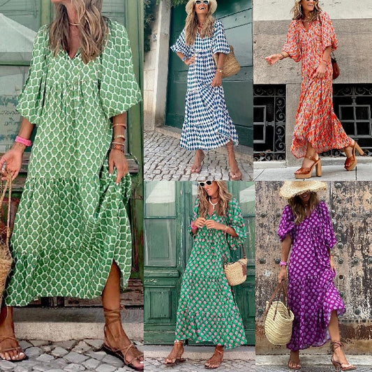 💖 Γυναικεία κομψά flared μανίκι Floral Boho φορέματα