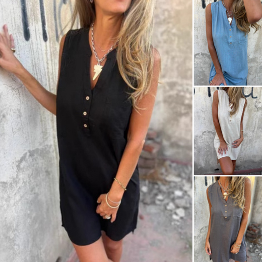 Γυναικείο αμάνικο φόρεμα τσέπης V-Neck με κουμπιά