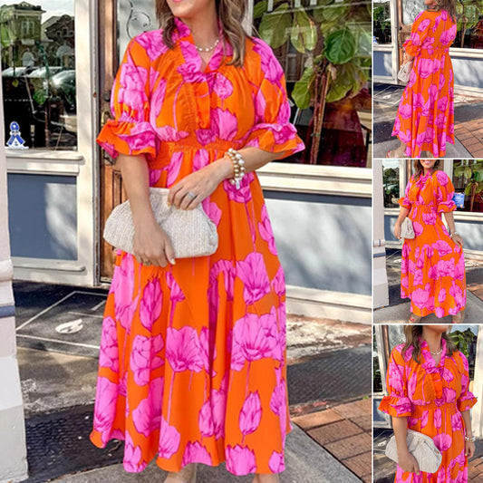 🌸💃 Γυναικείο κομψό φόρεμα Maxi με βολάν εκτύπωσης