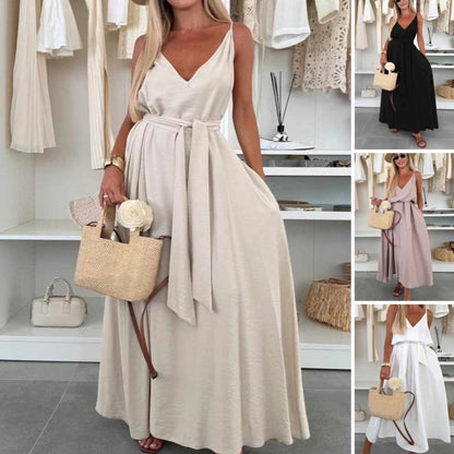 🌸💃 Γυναικείο σπαγγέτι με λουράκι Maxi φόρεμα με ζώνη