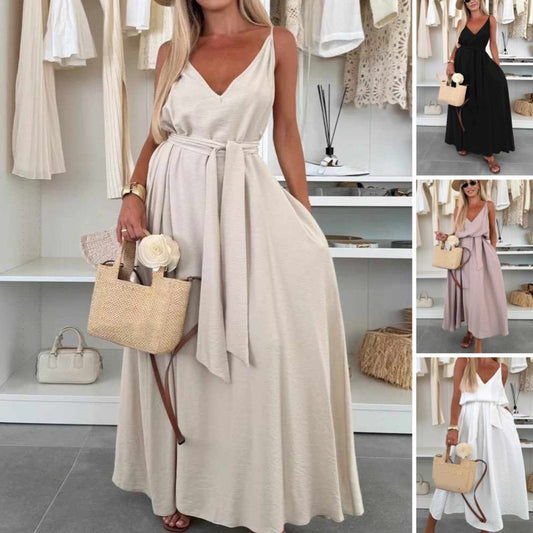 🌸💃 Γυναικείο σπαγγέτι με λουράκι Maxi φόρεμα με ζώνη