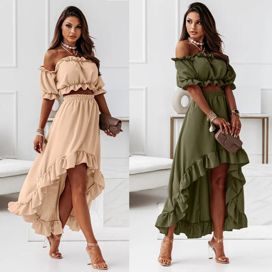 🔥[S-XL]💖Σετ γυναικείου κοντού τοπ με έξω τους ώμους και φούστα με ψηλό-χαμηλό στρίφωμα🍀