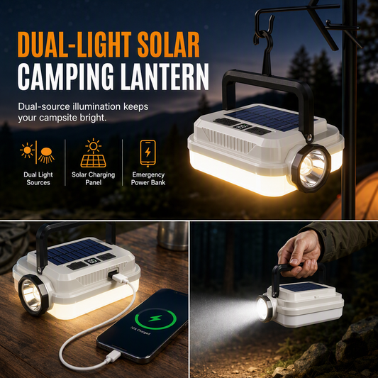 ⛺💡 Ηλιακό φανάρι κάμπινγκ διπλού φωτισμού | Φωτίστε τον χώρο κατασκήνωσης και φορτίστε το κινητό σας